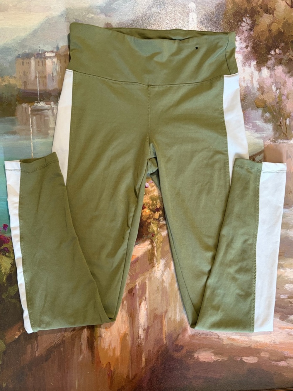Women's Olive Green High-Waist Leggings with White Side Panels